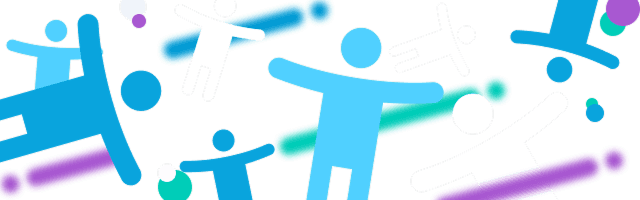 Graphic of floating digital people surrounded by icons and shapes