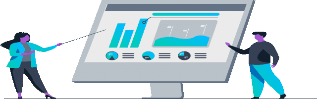 Graphic digital people pointing at a screen with various graphs.