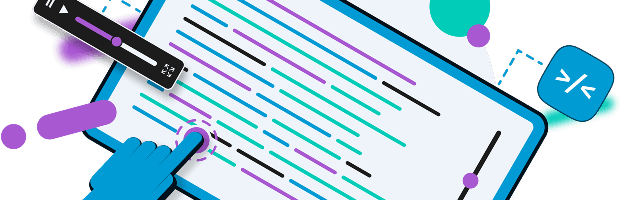 Graphic of a blue and white screen surrounded by geometric shapes